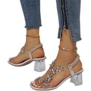 Crystal Bling Flower Sandals Women Sz 9.5 Chunky Heel Fairy Coquette Rhinestones